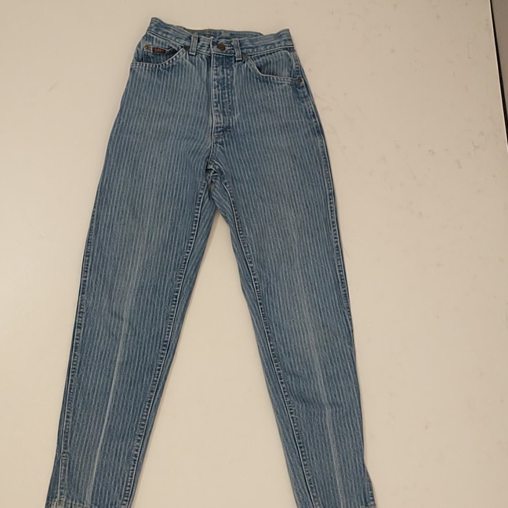 Vintage Lee Striped Jeans High Waisted Ankle Slit Fit XS Made in USA 100% Cotton